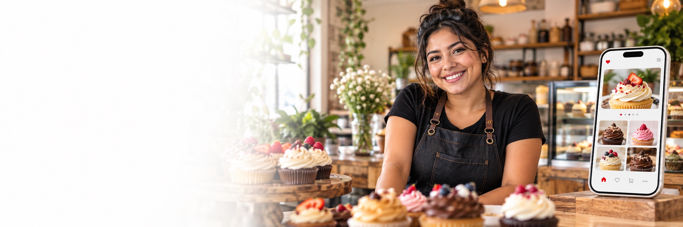 Emprendedora en su pastelería con una vitrina digital